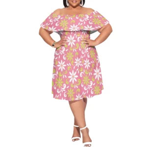 Plus Size Off Shoulder Ruffle Hem Dress Summer Yellow Abstract Floral Print Casual Holiday Look - Image 3