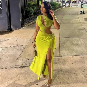 Sexy Hollow Out Ruched Split Bodycon Maxi Dress Women Short Sleeve O-neck Holiday Vacation Nitht Club Party Long Dresses Vestido - Image 3