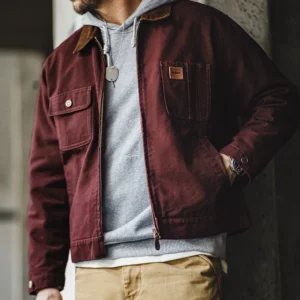 Maden Retro Heavyweight Canvas Detroit Jacket Corduroy Collar Hunting Short Zip-Up Jacket with Pockets Men's Autumn Outerwear - Image 3