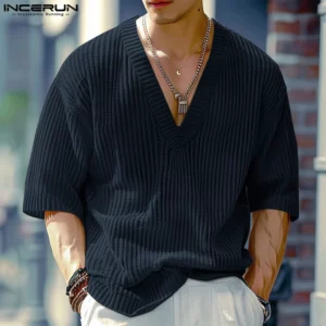 INCERUN Men V Neck Half Sleeve Solid Color Ribbed Knitted Shirts - Image 1