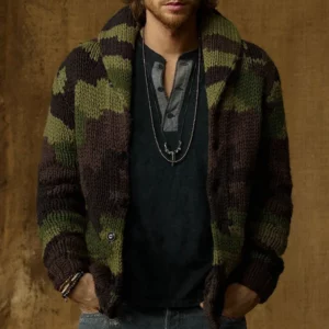 New Men's Camouflage Jacquard Sweater Lapel Cardigan Knit Jacket Single-breasted Winter Thick Coat Vintage Outerwear Jerseis 3XL - Image 5
