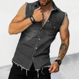 2024 Spring/Summer New Men's Denim T-shirt With Lapel, Sleeveless Cardigan, Single Breasted Top Pocket, Blue Distressed, Washed, - Image 4