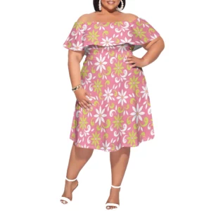 Plus Size Off Shoulder Ruffle Hem Dress Summer Yellow Abstract Floral Print Casual Holiday Look - Image 4