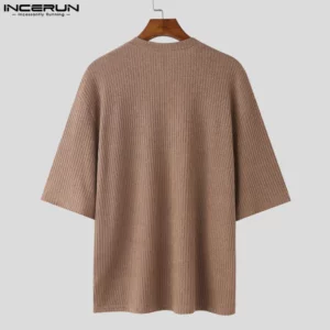 INCERUN Men V Neck Half Sleeve Solid Color Ribbed Knitted Shirts - Image 3