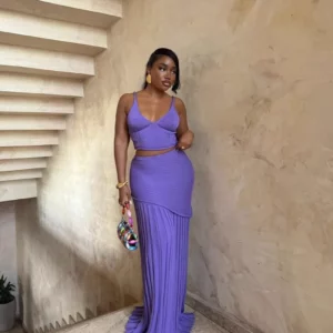 Solid Color V-Neck Knitted Vest Top and High Waisted Straight Pleated Skirt Set for Summer Women, Elegant and Sexy 2-Piece Set - Image 5