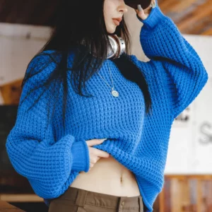 MADEN Women Cornflower Blue Knitted Sweater 2024 New Autumn Winter Long Sleeve Curled Collar Knitwear Warm Pullover Sweater - Image 3
