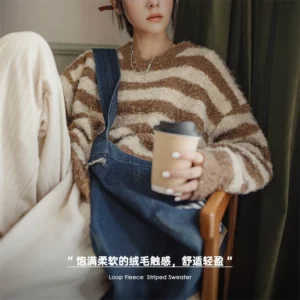 Maden Oversize Striped Sweater for Women Autumn and Winter Loop Fleece Pullover Knitwear Warm Top Loose-fit Thick Sweater - Image 4