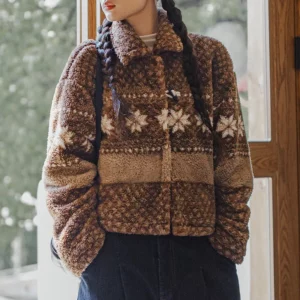 Maden Barn-style Fair Isle Cotton-padded Coat Christmas Polar Fleece Lapel Overcoat Warm Versatile Outwear for Women's Winter - Image 1