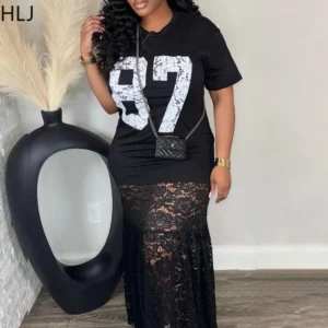 HLJ Sexy Letter Printing Bodycon Tshirt Long Dress Women See Through Short Sleeve Lace Patchwork Dresses Female Vestidos New - Image 3