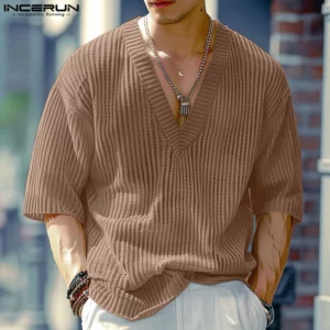 INCERUN Men V Neck Half Sleeve Solid Color Ribbed Knitted Shirts - Image 5