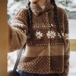 Maden Barn-style Fair Isle Cotton-padded Coat Christmas Polar Fleece Lapel Overcoat Warm Versatile Outwear for Women's Winter - Image 2