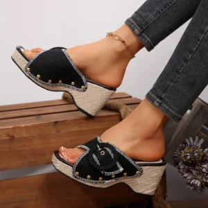 Women'S Thick Heel Metal Buckle Slippers With Straight Strap Beach Sandals Western Cowboy Style Chunky Heel Platform Slippers - Image 6