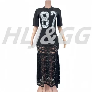 HLJ Sexy Letter Printing Bodycon Tshirt Long Dress Women See Through Short Sleeve Lace Patchwork Dresses Female Vestidos New - Image 5