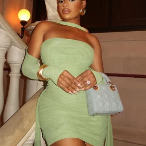 kliou Mesh Simple Women Mini Dress Fashion Solid Strapless Ribbons Tassel Body-shaping Vestidos+Seperately Full Sleeve Gloves - Image 6