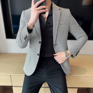 British Style Men's Fashionable Single Breasted Suit Jacket Blazer Casual Checkered Tailcoat Suit Men's Business Slim Fit Jacket - Image 2