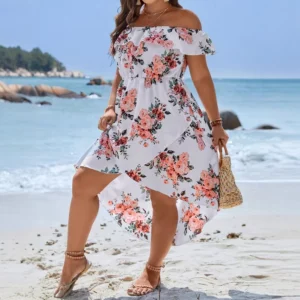 Summer Women's New Plus Size Women's Dress 2025 Sweet and Elegant Off-shoulder Beach Vacation Versatile Large Size Women's Dress - Image 3