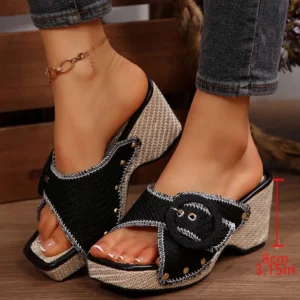 Women'S Thick Heel Metal Buckle Slippers With Straight Strap Beach Sandals Western Cowboy Style Chunky Heel Platform Slippers - Image 4