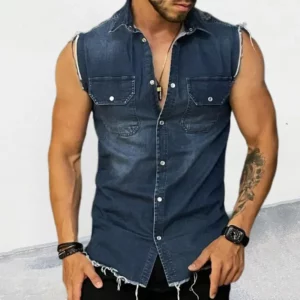 2024 Spring/Summer New Men's Denim T-shirt With Lapel, Sleeveless Cardigan, Single Breasted Top Pocket, Blue Distressed, Washed, - Image 1