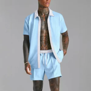 Summer Men's casual suit patchwork transparent lapel short-sleeved shirt & Shorts Stylish and comfortable two-piece streetwear - Image 3