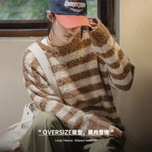 Maden Oversize Striped Sweater for Women Autumn and Winter Loop Fleece Pullover Knitwear Warm Top Loose-fit Thick Sweater - Image 3