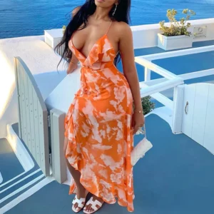 Dress V-neck long dresses backless fashion sexy camisole women dress summer party dress print orange long skirt evening dresses - Image 3