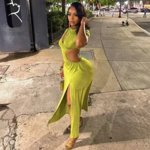 Sexy Hollow Out Ruched Split Bodycon Maxi Dress Women Short Sleeve O-neck Holiday Vacation Nitht Club Party Long Dresses Vestido - Image 5
