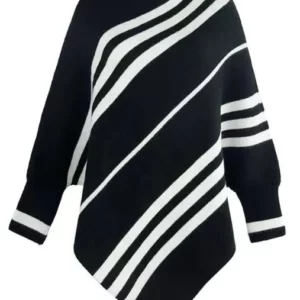 Women's sweater with irregular stripes, half high neck, bat sleeves, pullover, knitted sweater, fashionable shawl, cloak - Image 5