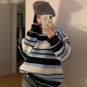Top Long-Sleeved Round Neck Autumn Fashion Korean Version Lazy Style Casual Retro Simple Loose All-Match Striped Printed - Image 6