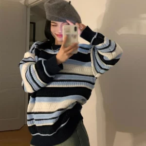 Top Long-Sleeved Round Neck Autumn Fashion Korean Version Lazy Style Casual Retro Simple Loose All-Match Striped Printed - Image 5