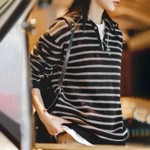 Maden Arrow Feature Knitted Striped Polo for Women Soft and Comfortable Sweater Autumn and Winter Unisex Thick Pullover - Image 1