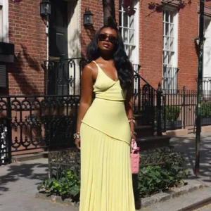 Solid Color V-Neck Knitted Vest Top and High Waisted Straight Pleated Skirt Set for Summer Women, Elegant and Sexy 2-Piece Set - Image 4