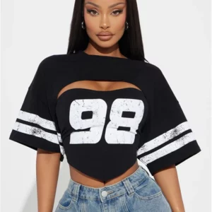 2025 summer new cross-border casual loose sports style printed strapless hot girl pullover short sleeved top T-shirt for women - Image 5