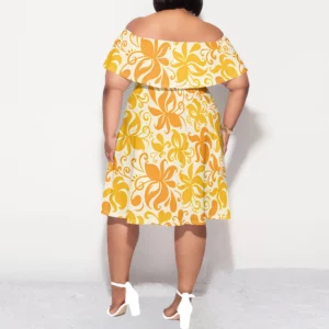 Plus Size Off Shoulder Ruffle Hem Dress Summer Yellow Abstract Floral Print Casual Holiday Look - Image 2