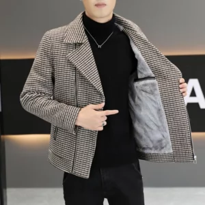 Brand Winter Wool Jacket for Men Fashion Zipper Motorcycle Coat Plaid Casual Business Trench Coat Social Streetwear Overcoat - Image 5