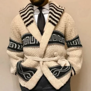 Europe and The United States Men's Autumn and Winter Thick Jacquard Sweater Vintage Lapel Thick Needle Cardigan Sweater Coat - Image 1