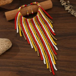 African Wood Beads Multi-layer Tassel Necklace Earrings Set Bohemia Colorful Beaded Choker for Women Jewelry Set Wedding Party - Image 2