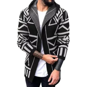 Men Cardigan Open Stitch Sweaters Mid Length Coat Hooded Full Sleeve Splice Knit Casual Regular Coats Autumn Winter 2024 - Image 5