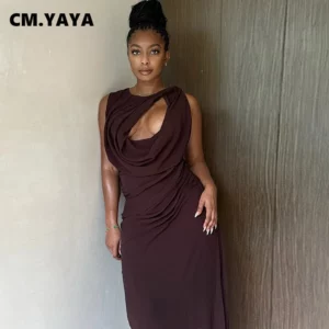 CM.YAYA Women Sleeveless Cutout Front Pile High Side Split Maxi Long Slim Dress Summer Club Sexy Night Party Dresses Vestidos - Image 3