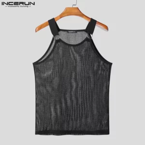 Men Tank Tops Mesh Hollow Out O-neck Sleeveless Male Vests Streetwear Summer Solid Sexy 2025 Fashion Men Clothing S-3XL INCERUN - Image 2