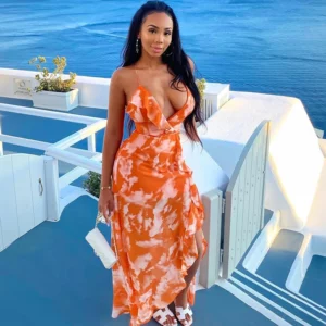 Dress V-neck long dresses backless fashion sexy camisole women dress summer party dress print orange long skirt evening dresses - Image 4