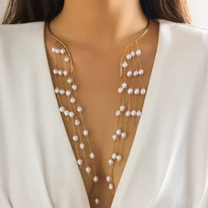 Lacteo Vintage Imitation Pearl Star CCB Tassel Necklace Open Collar Women Choker Multilayer Charm Sexy Chest Chain Gifts Ladies - Image 2