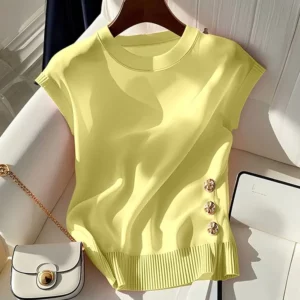 French Light Luxury Style Beautiful Pink Round Neck Knitted Sleeveless T-shirt for Women in Summer Chic Age-reducing Top - Image 3