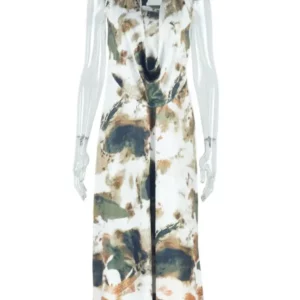 Joskaa Tie Dye Print 2 Piece Sets Women Sexy Backless Bandage Halter Vests and Ruched Maxi Skirt Matched 2025 Vacation Beachwear - Image 4