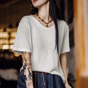 Maden New Casual Lightweight Short Sleeve T-Shirt Women's Summer Basic Crew Neck Tee Breathable Layering White Loose Fit Tops - Image 3