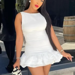 Joskaa Elegant Ruffles Hem Mini Dress Women Sexy O-Neck Sleeveless Skinny Vestidos 2025 Summer Vacation Beachwear Party Clubwear - Image 3