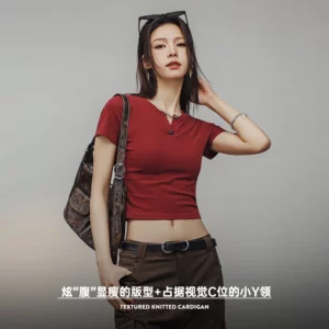Maden New Crop Top Henry Shirt Short-sleeved Slim T-shirt and Short Solid Color Inner Layering Cotton Tee for Women's Summer - Image 2