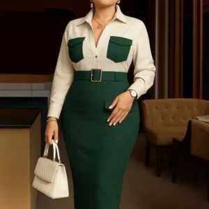 Elegant Church Dresses Long Sleeves Turn Down Collar Women Color Block Patchwork Office Ladies Work Business Autumn African New - Image 3