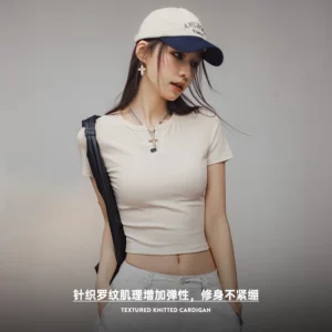 Maden New Crop Top Henry Shirt Short-sleeved Slim T-shirt and Short Solid Color Inner Layering Cotton Tee for Women's Summer - Image 3