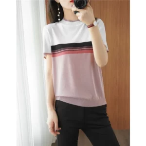 Women's Short-sleeved Thin Rainbow Striped Commuter O-Neck T-shirt Slim-fitting Simple Summer Large-size Ice Silk Knitted Top - Image 6