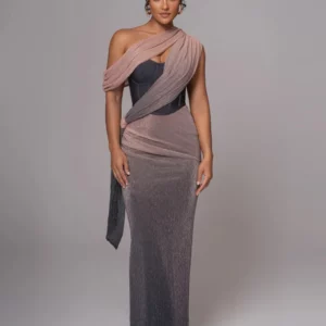 Sexy One Shoulder Draped Glitter Long Dress Women Brown Corset Sparkly Backless Bodycon Maxi Dresses Evening Party Gowns - Image 5